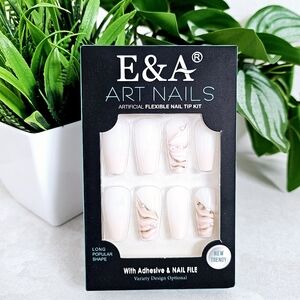 🆕️Press On Nails DIY Long Nail Kit White Peach Pearl Art Designs